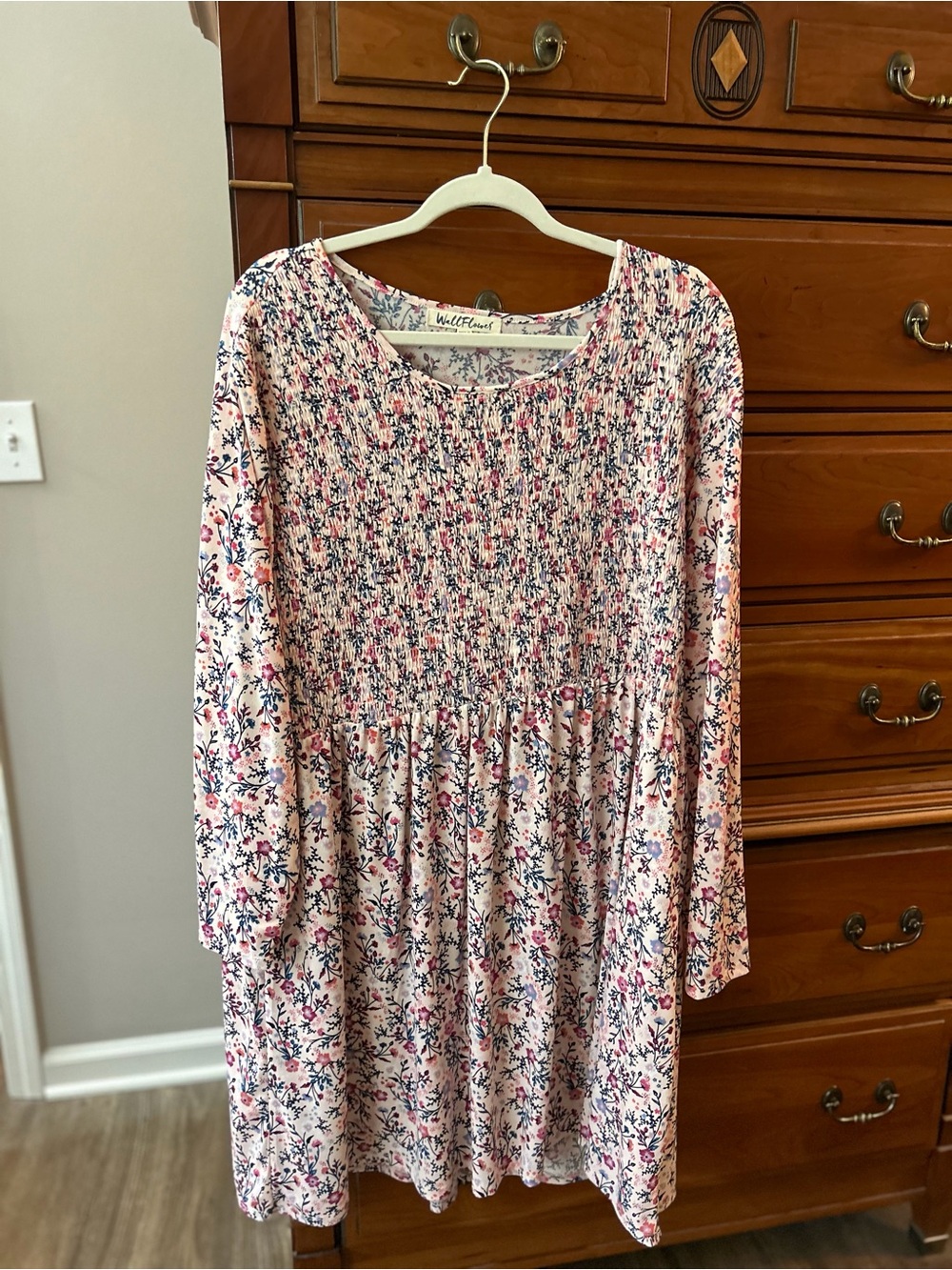 Wallflower Pink and Navy Floral Smocked Mini Dress with Long Sleeves
